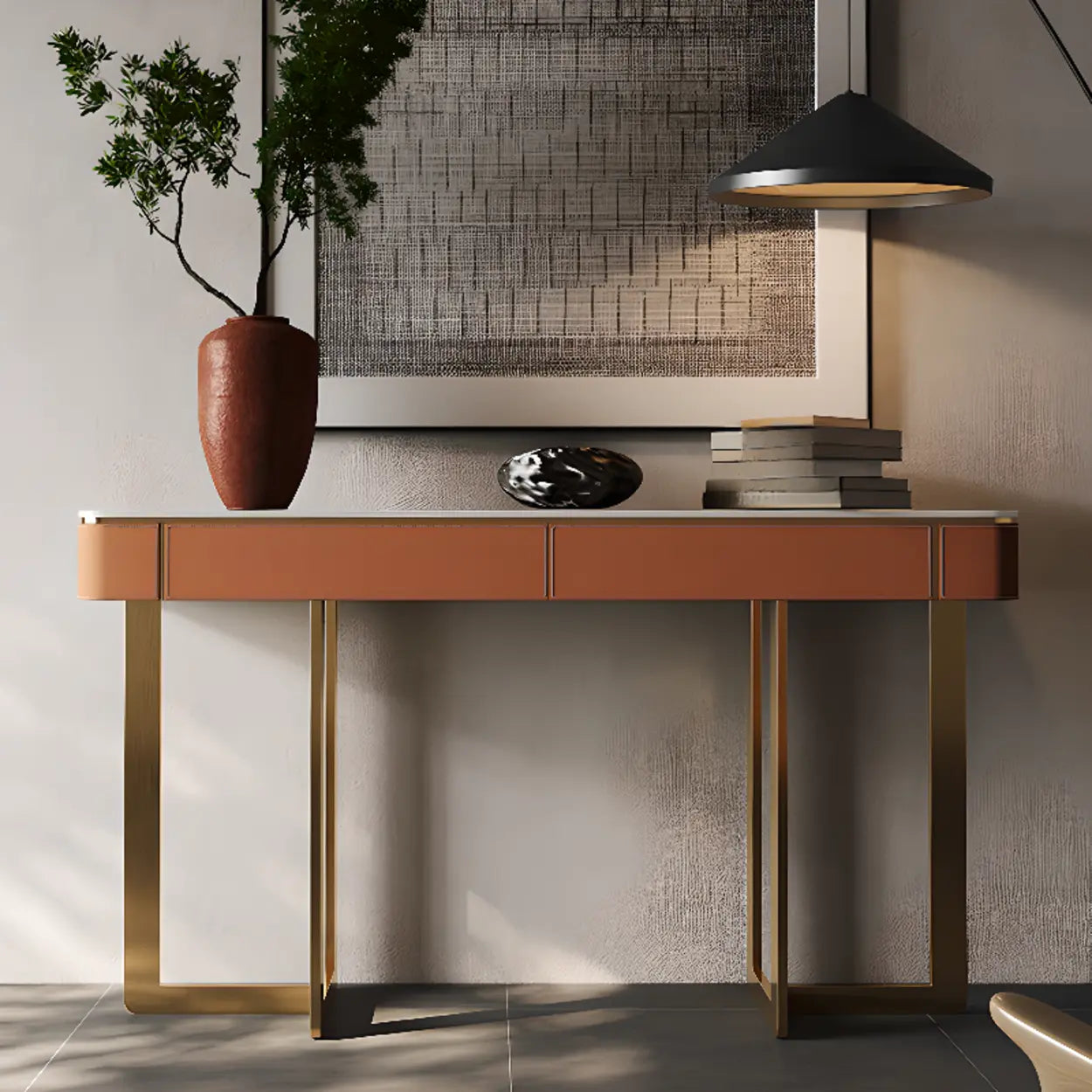 Metal Double Pedestal Stone Orange Console Table