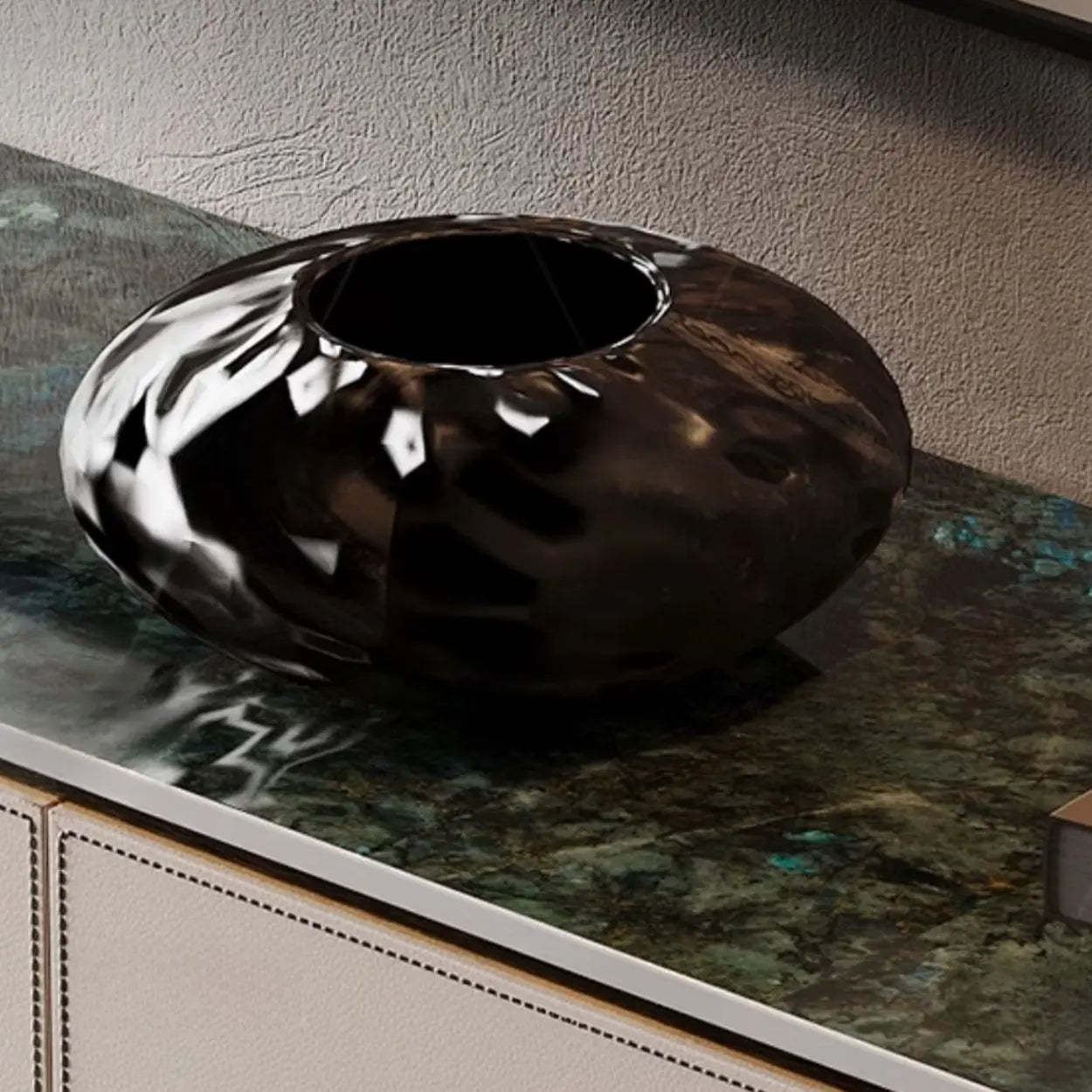 Metal Double Pedestal Stone Orange Console Table — Dark Gray