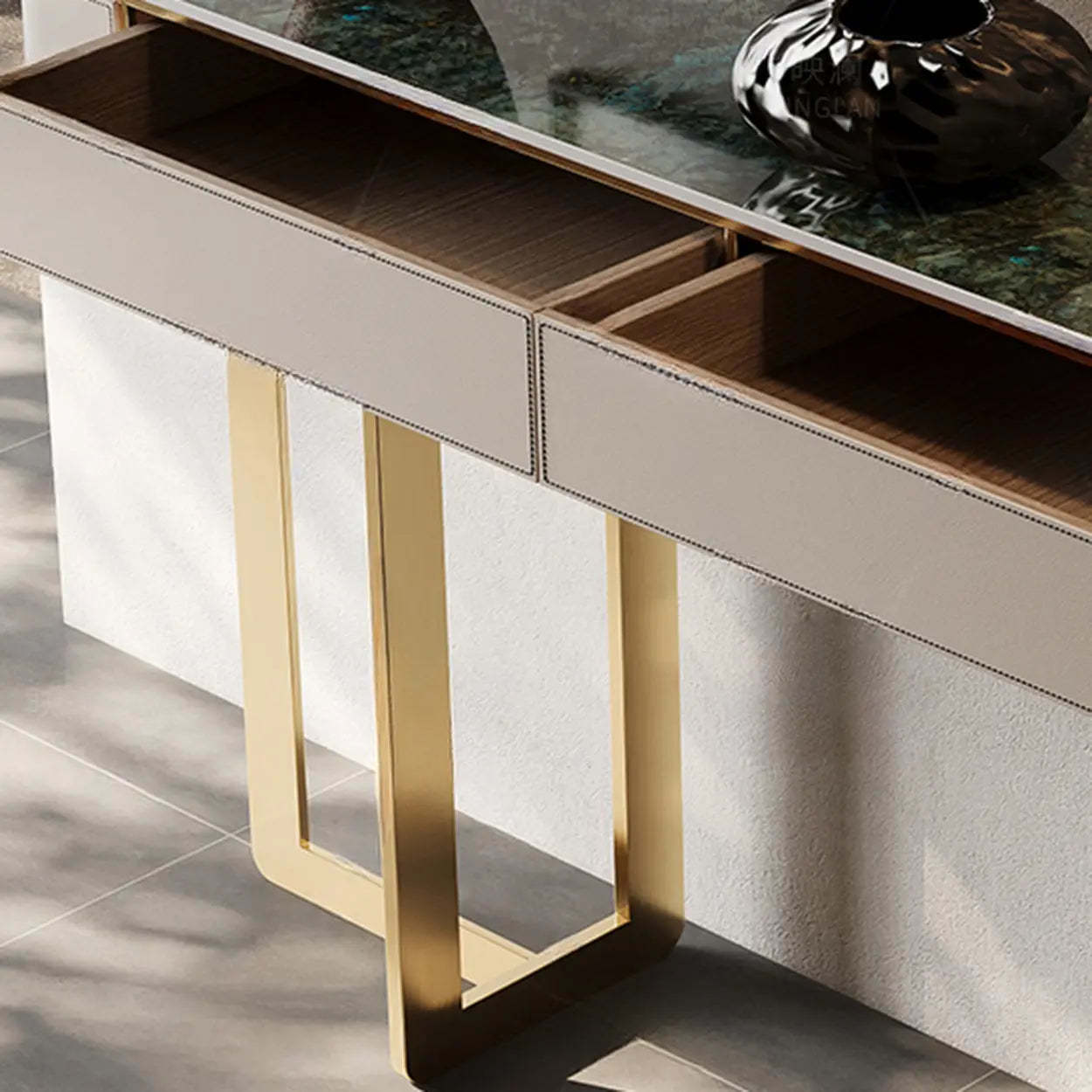 Metal Double Pedestal Stone Orange Console Table — Light Gray