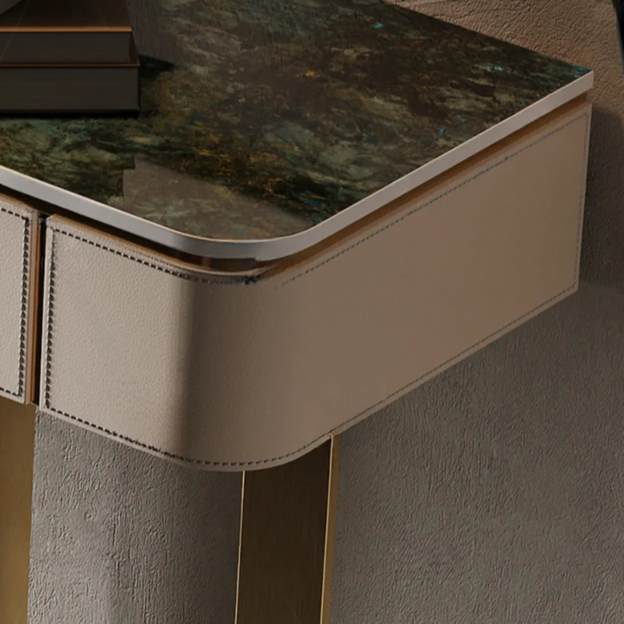 Metal Double Pedestal Stone Orange Console Table — Light Gray