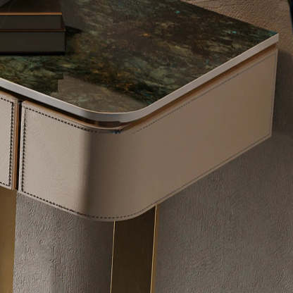 Metal Double Pedestal Stone Orange Console Table — Light Gray