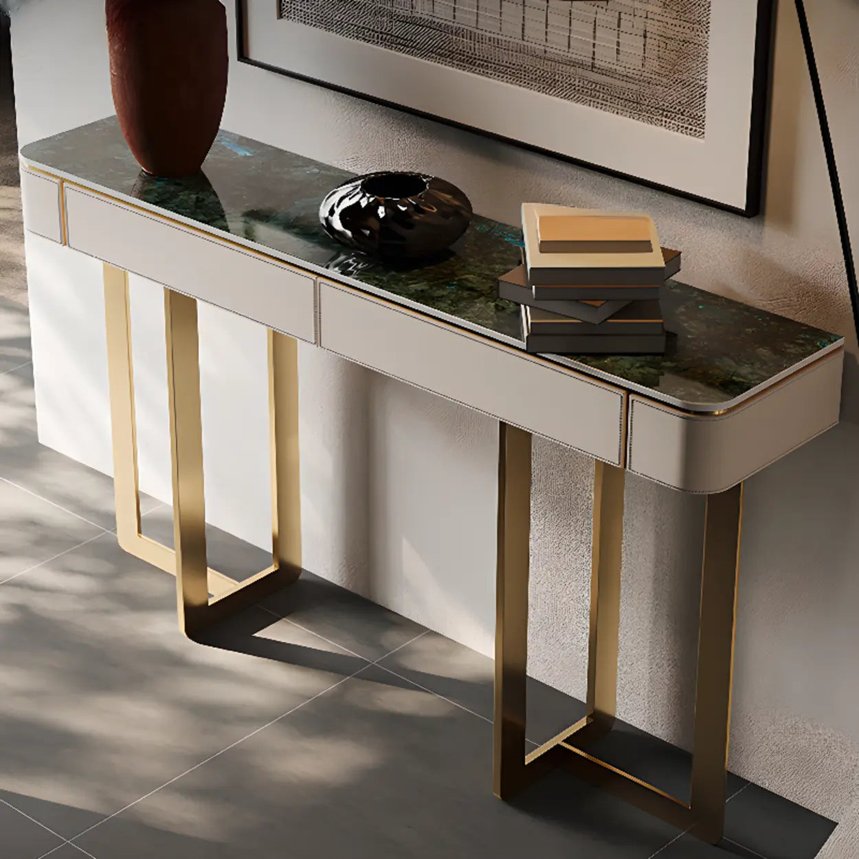 Metal Double Pedestal Stone Orange Console Table — Black