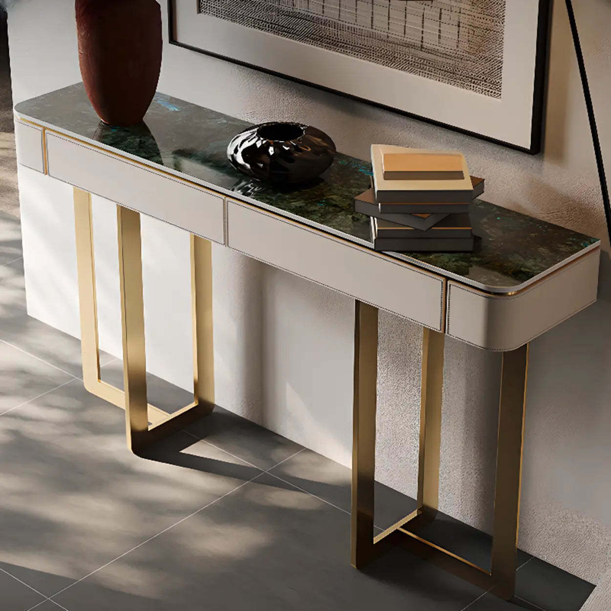 Metal Double Pedestal Stone Orange Console Table — Black
