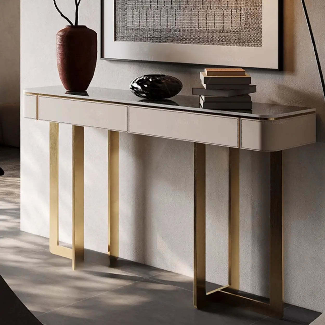 Metal Double Pedestal Stone Orange Console Table — Orange