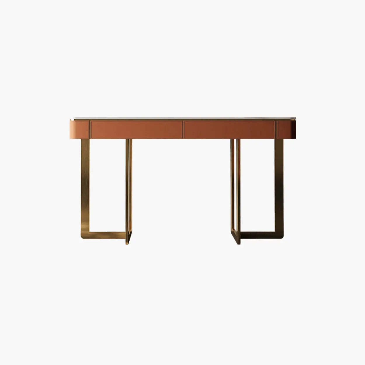 Metal Double Pedestal Stone Orange Console Table — Orange