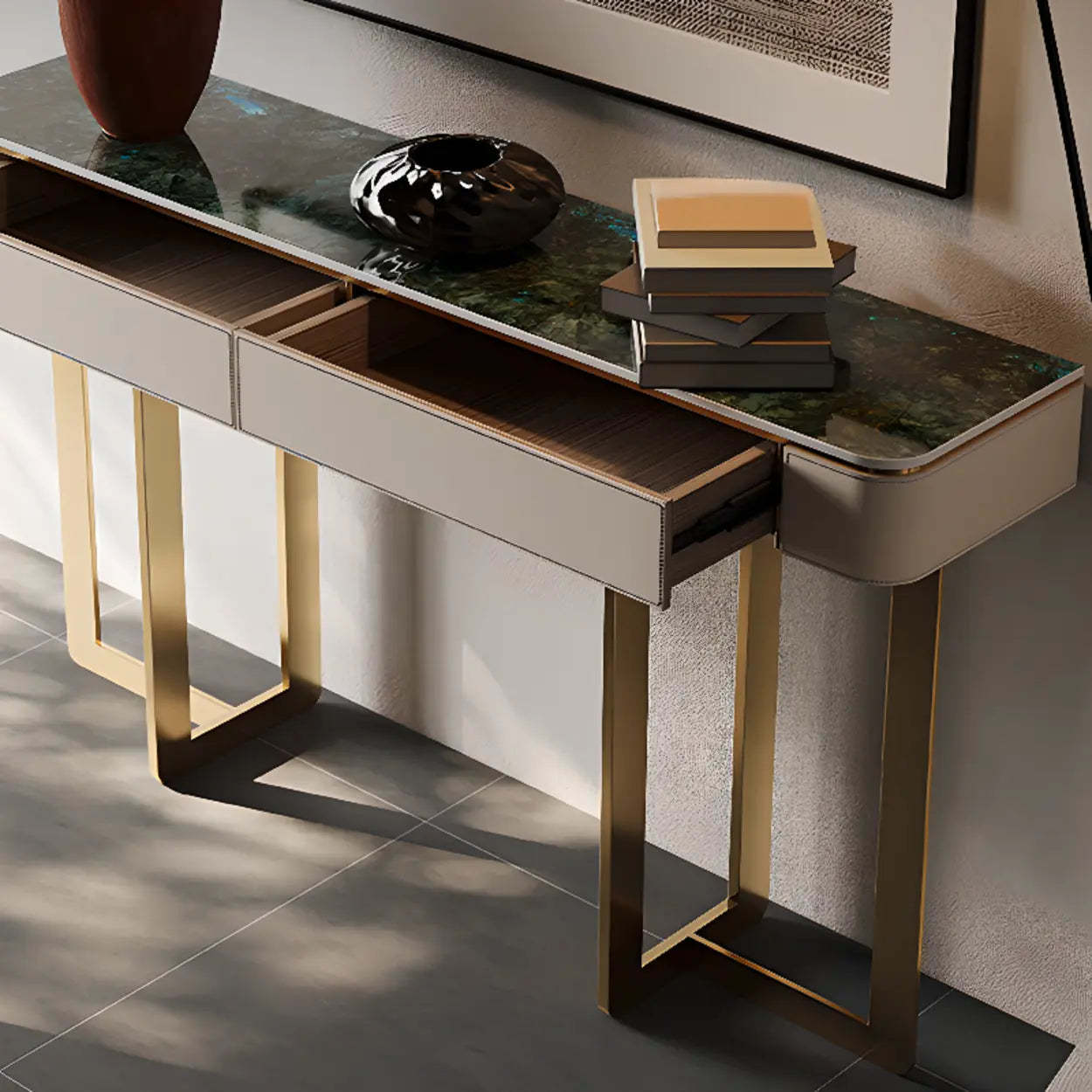 Metal Double Pedestal Stone Orange Console Table — Orange