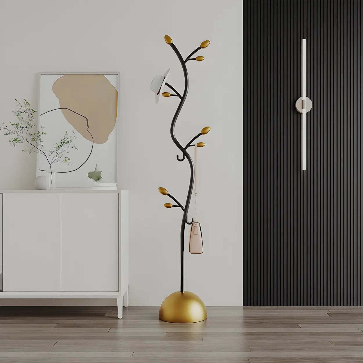Black-Gold Metal Frame Tall Tree Coat Stand — Black