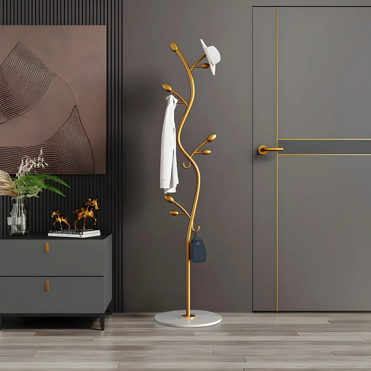 Black-Gold Metal Frame Tall Tree Coat Stand