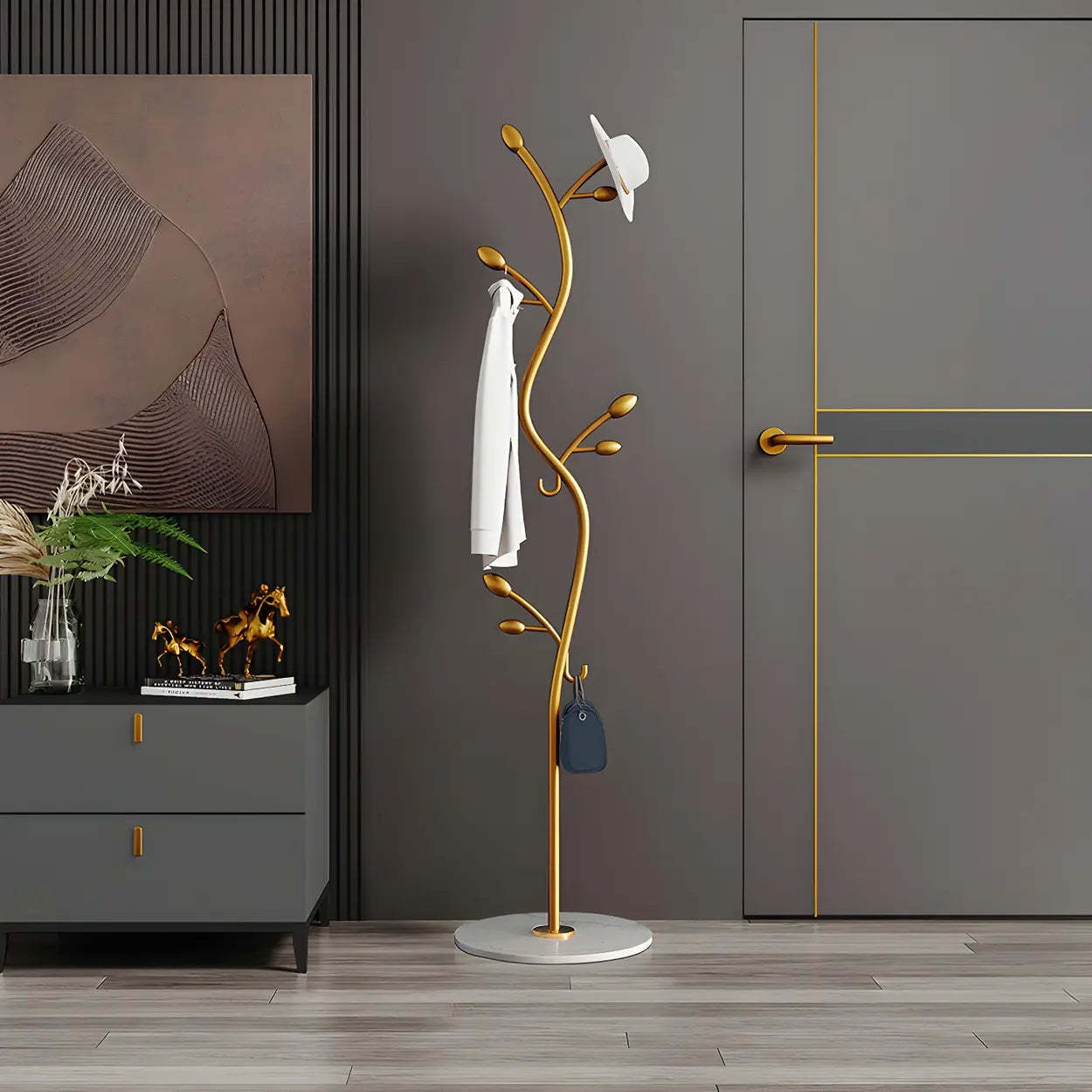 Black-Gold Metal Frame Tall Tree Coat Stand