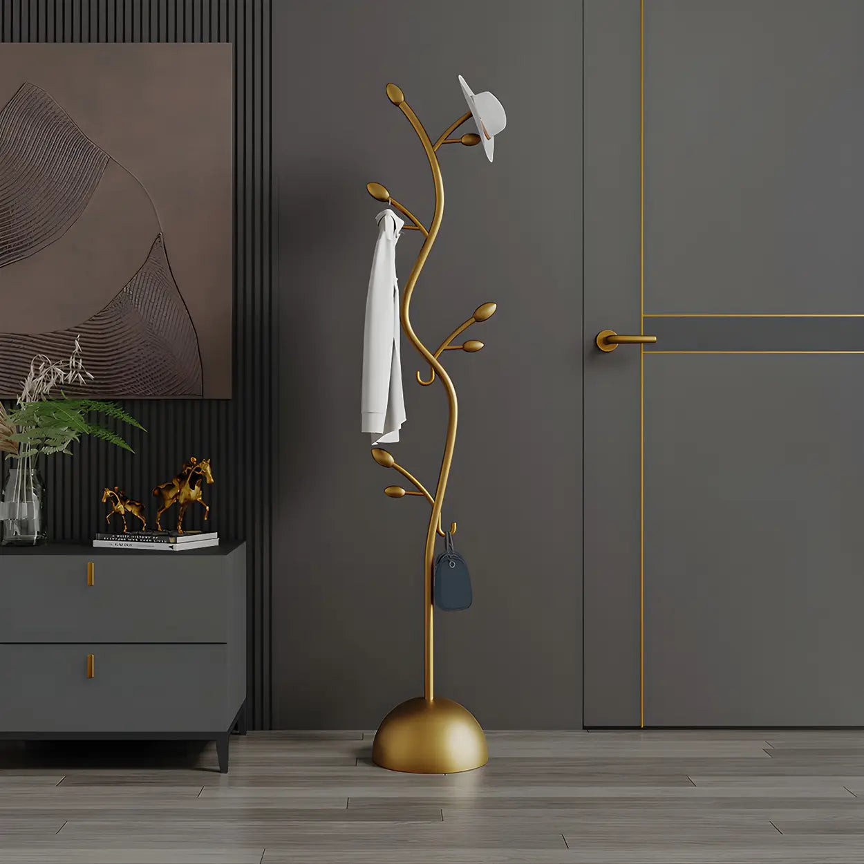 Black-Gold Metal Frame Tall Tree Coat Stand — Black-Gold