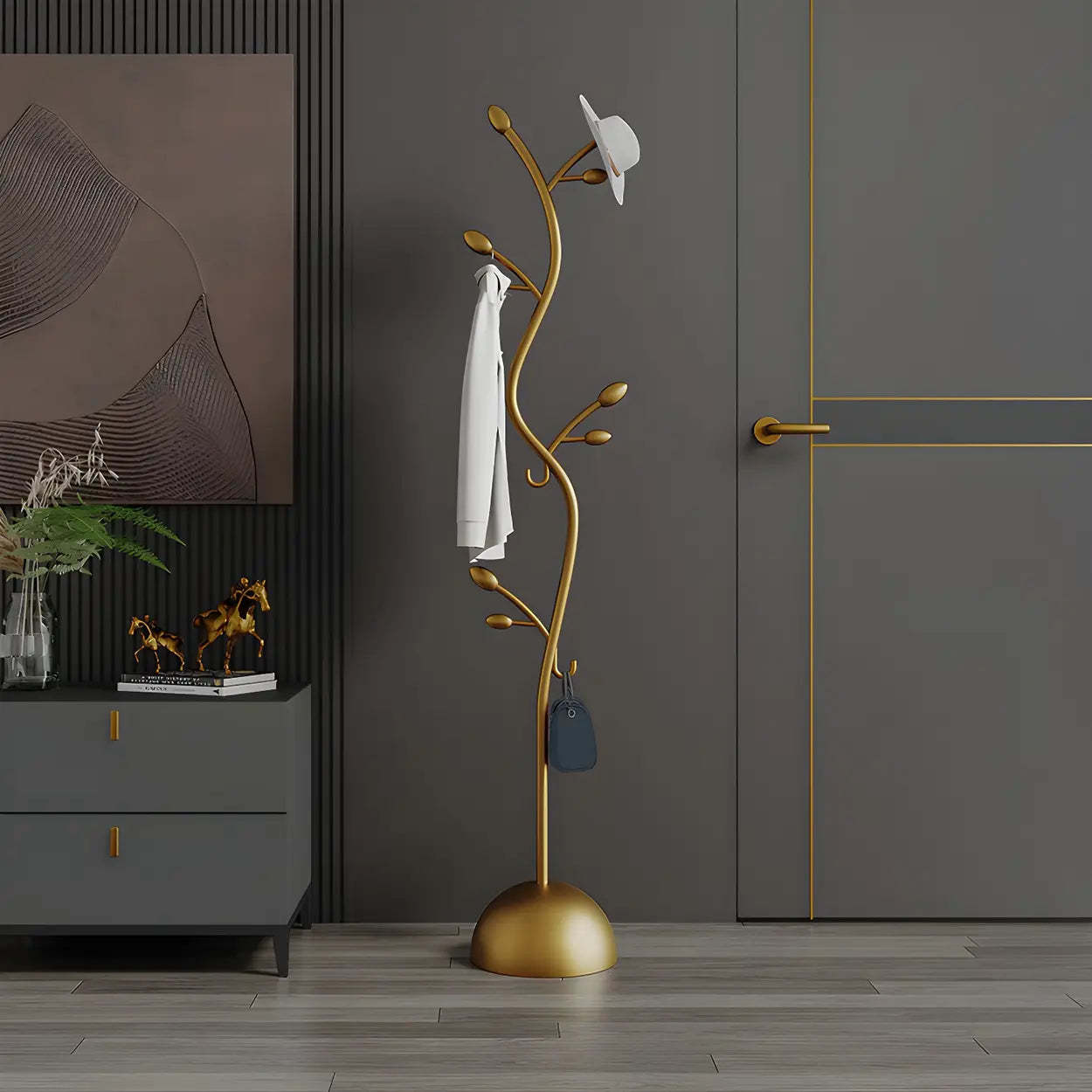 Black-Gold Metal Frame Tall Tree Coat Stand — Black-Gold