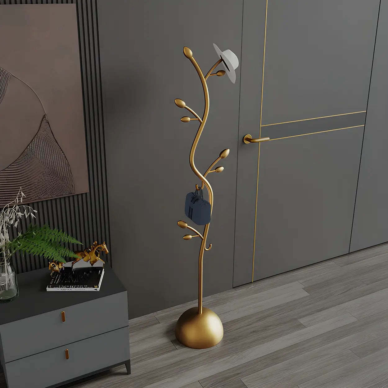 Black-Gold Metal Frame Tall Tree Coat Stand