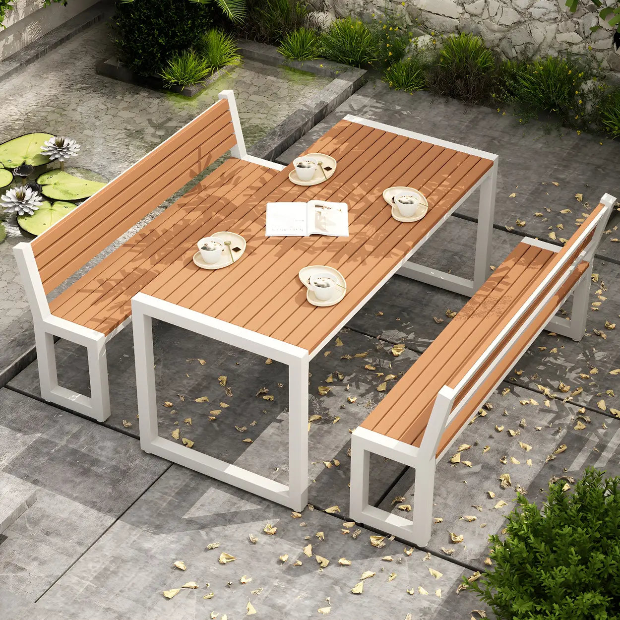 Metal Rectangle Outdoor Coffee Table with Benches
