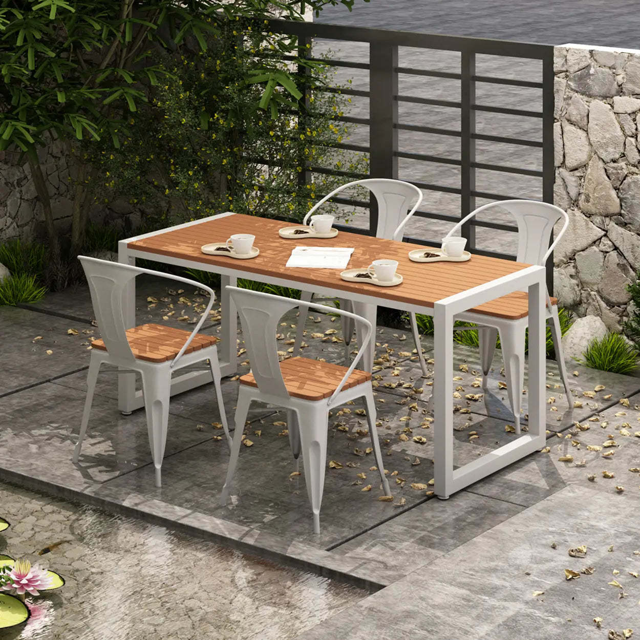 Metal Rectangle Outdoor Coffee Table with Benches — Black / Table Only