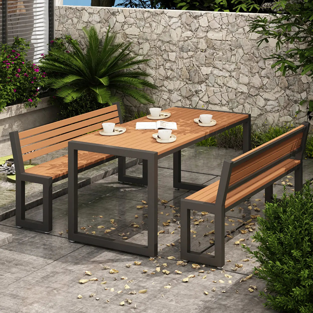 Metal Rectangle Outdoor Coffee Table with Benches — White / Table Only