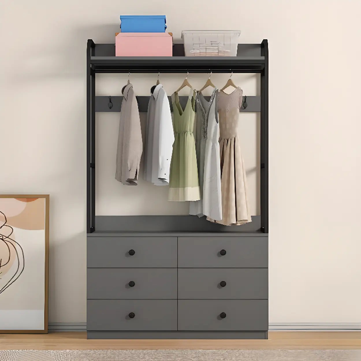 Metal Brown Drawer Open Storage Hall Tree — Brown / 6