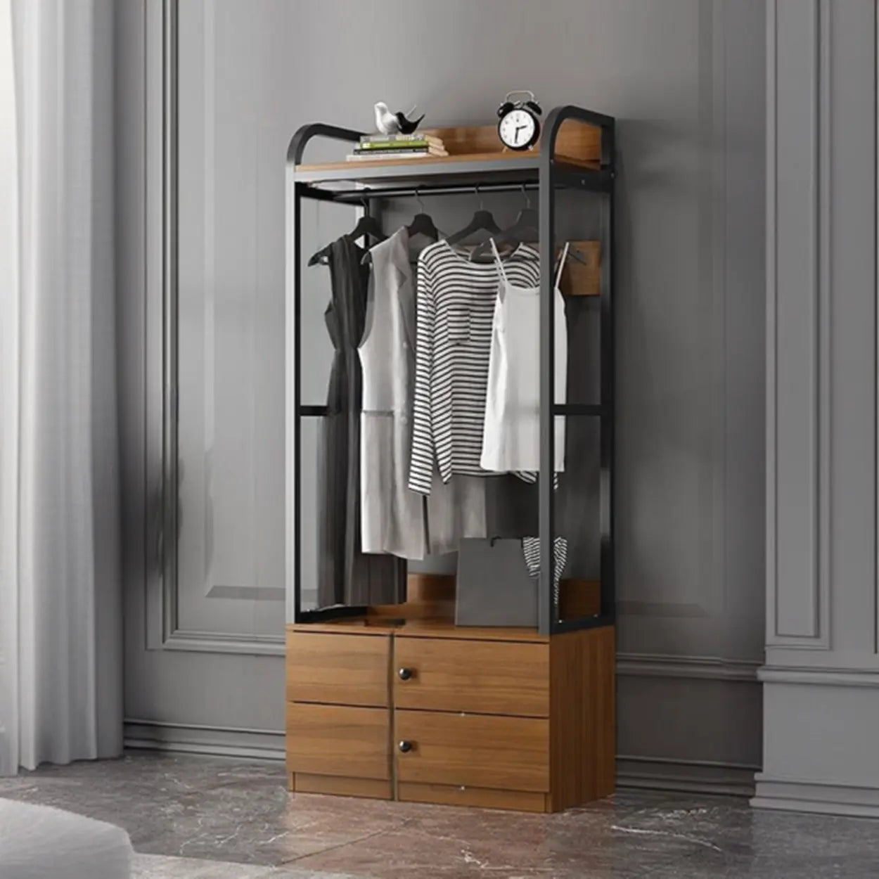 Metal Brown Drawer Open Storage Hall Tree — Brown / 4