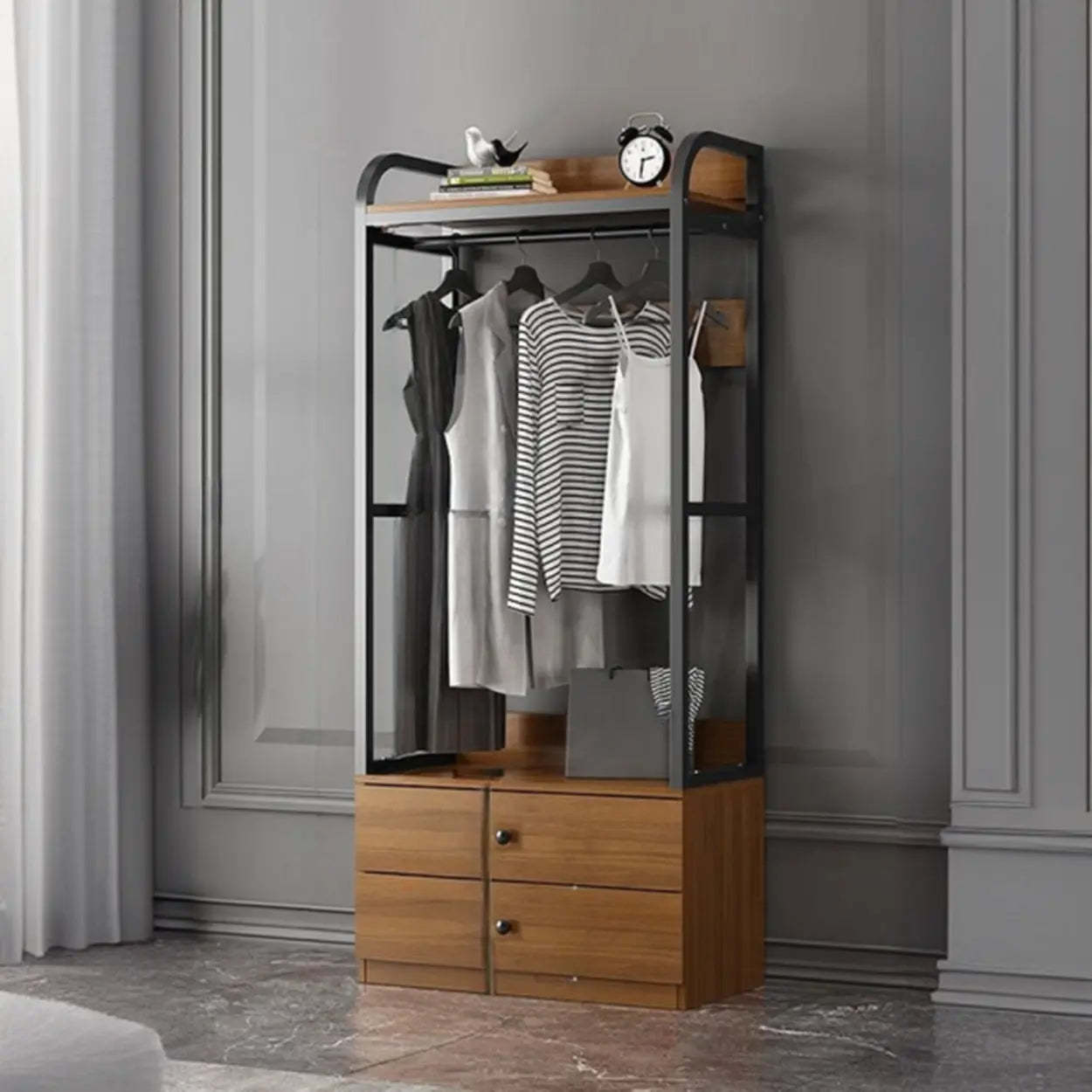 Metal Brown Drawer Open Storage Hall Tree — Brown / 4