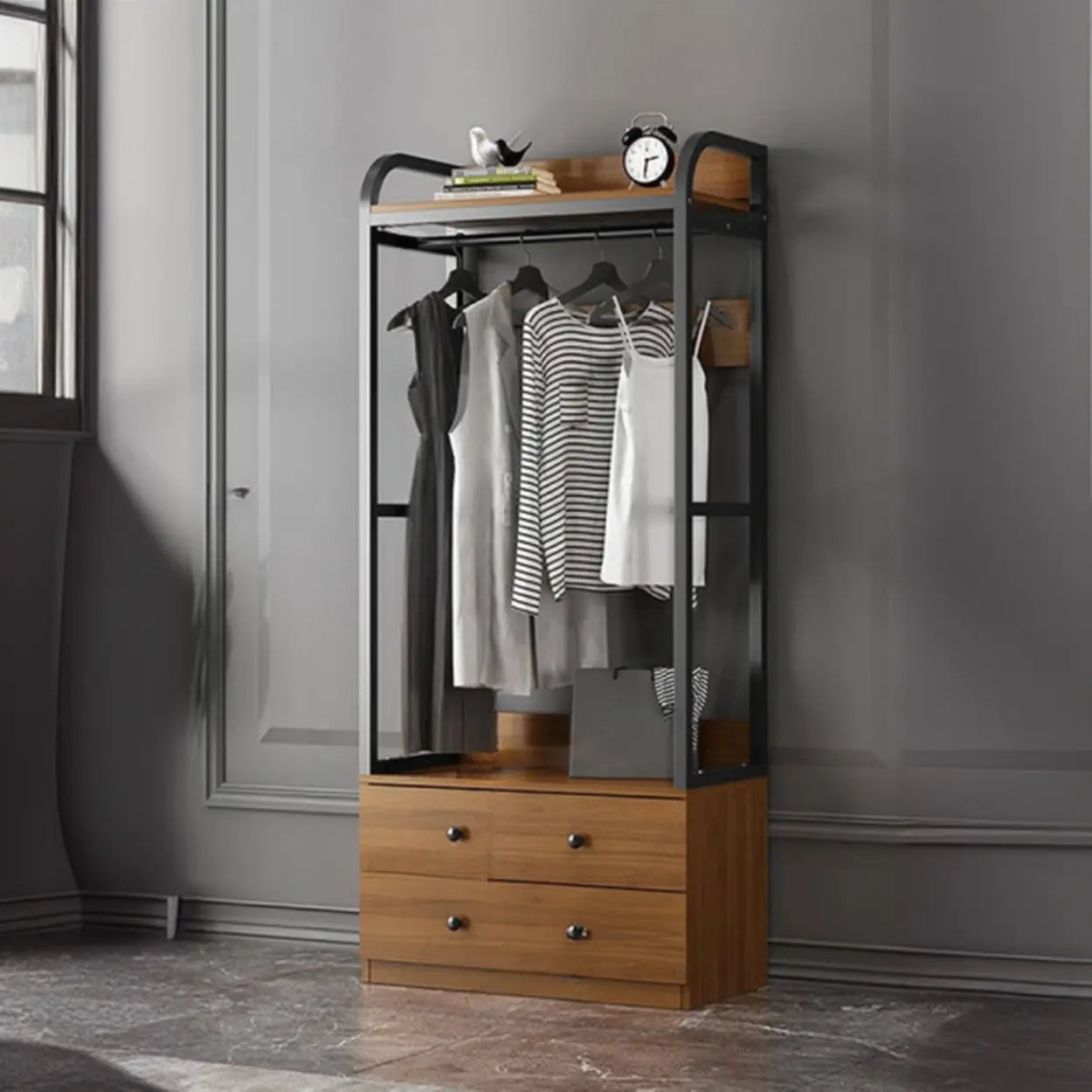 Metal Brown Drawer Open Storage Hall Tree — Grey / 6
