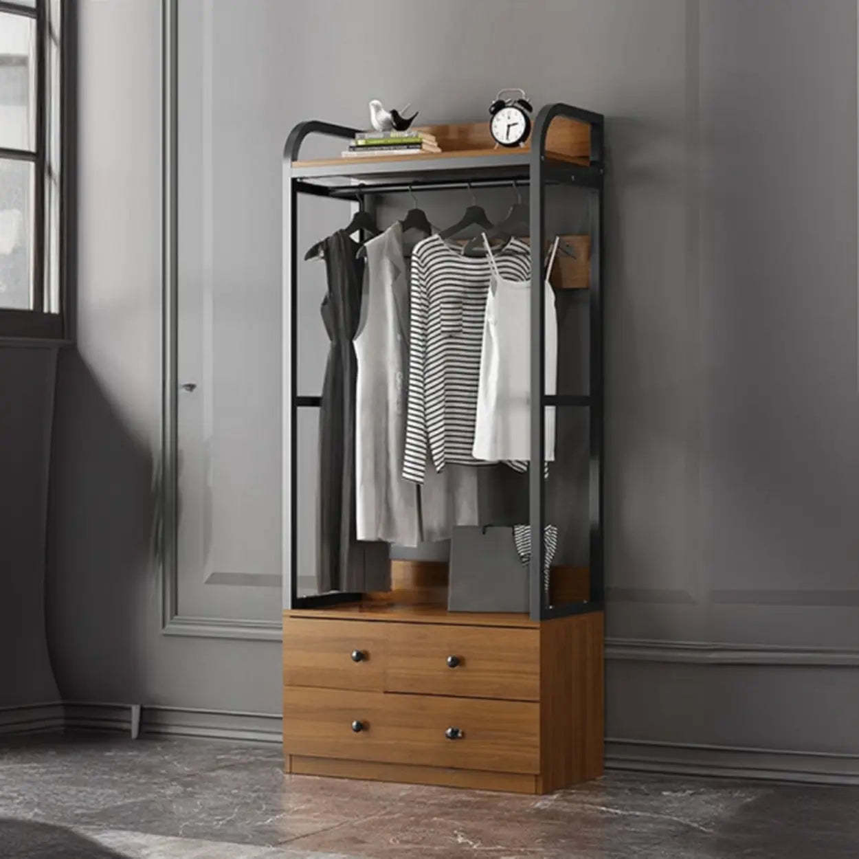 Metal Brown Drawer Open Storage Hall Tree — Grey / 6