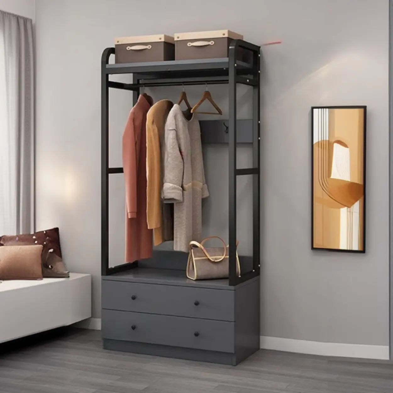 Metal Brown Drawer Open Storage Hall Tree — Grey / 2