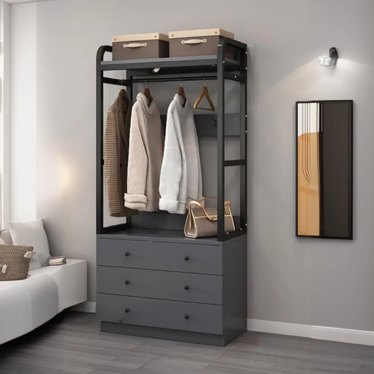 Metal Brown Drawer Open Storage Hall Tree — Grey / 3