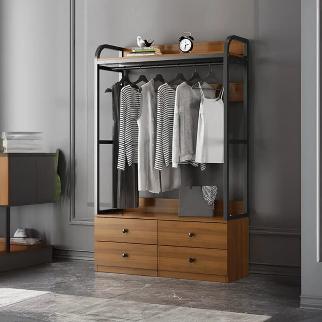 Metal Brown Drawer Open Storage Hall Tree — Grey / 3