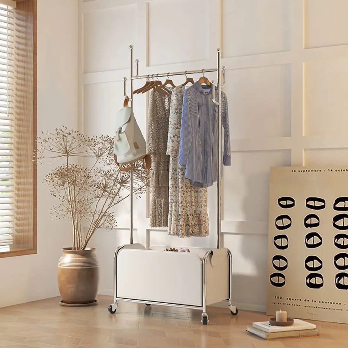 White Metal Freestanding Coat Rack with Basket — Black/ Beige