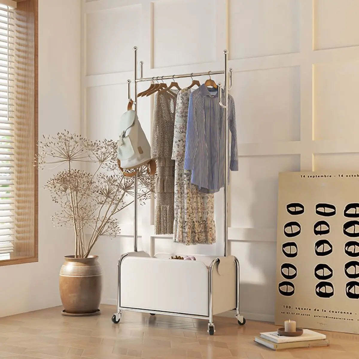 White Metal Freestanding Coat Rack with Basket — Black/ Beige