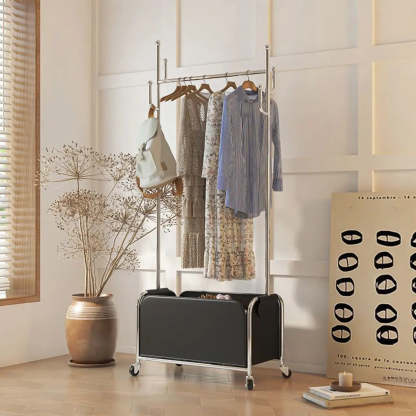 White Metal Freestanding Coat Rack with Basket — Black-Gold