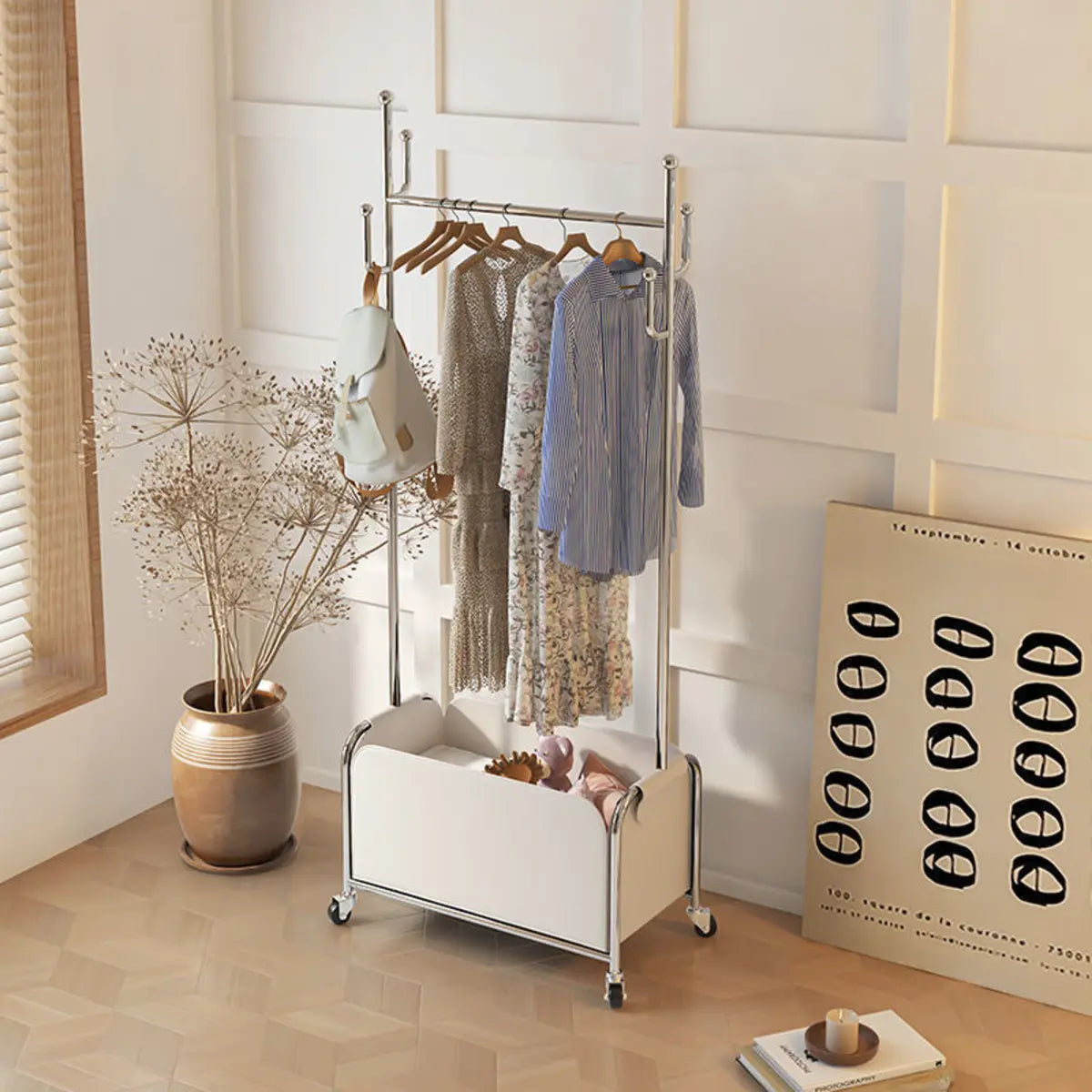 White Metal Freestanding Coat Rack with Basket — Black-Silver