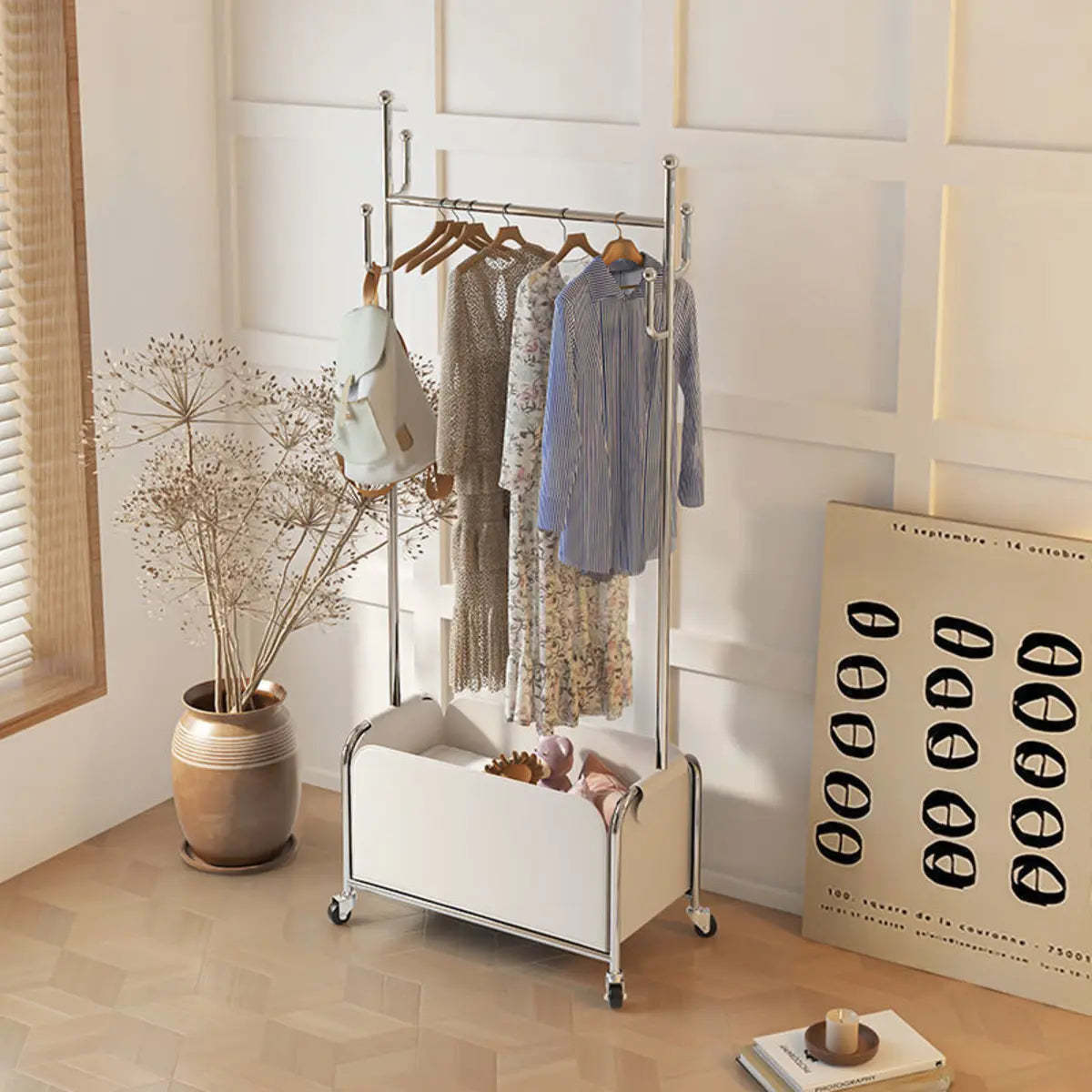 White Metal Freestanding Coat Rack with Basket — Black-Silver