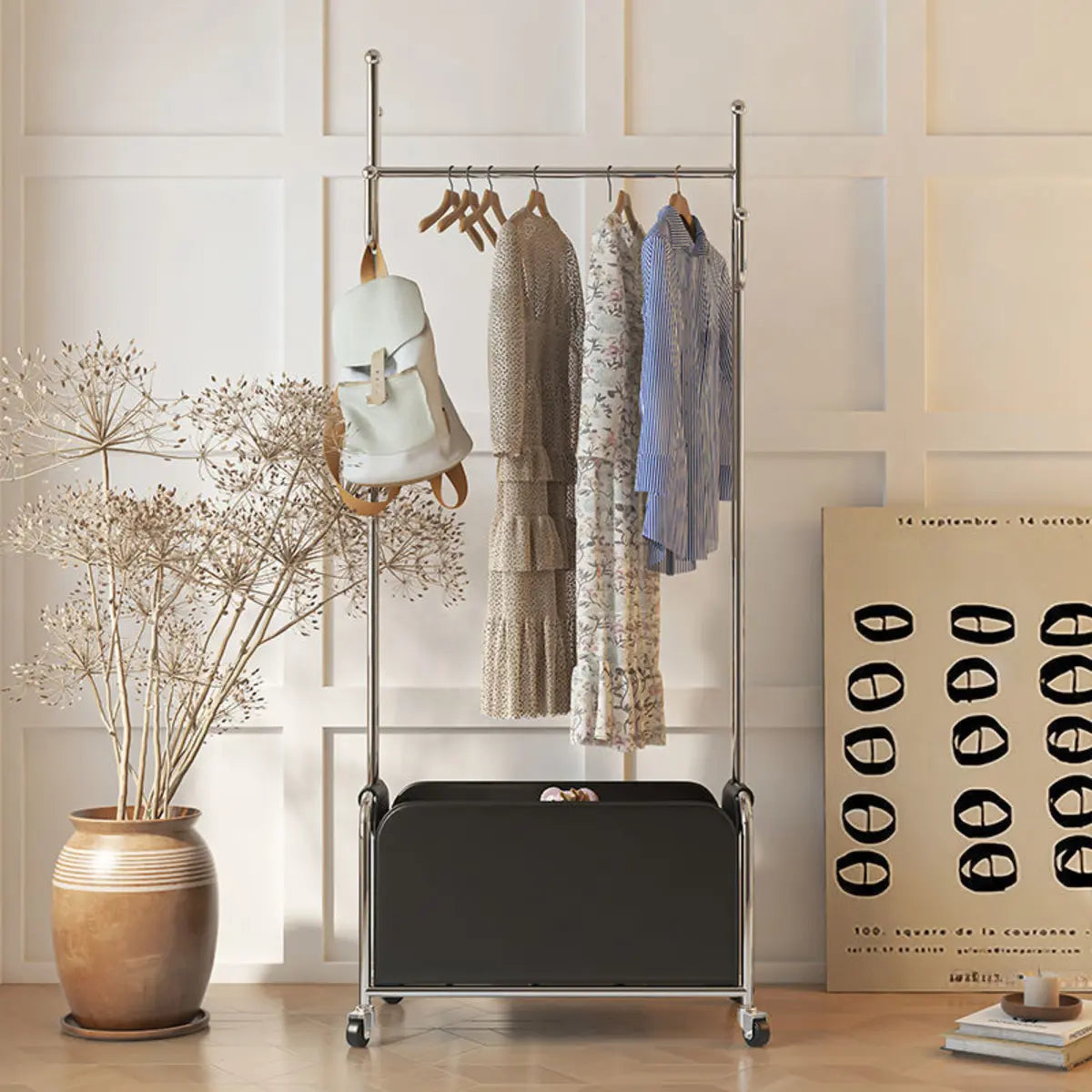 White Metal Freestanding Coat Rack with Basket — Brown/ Beige