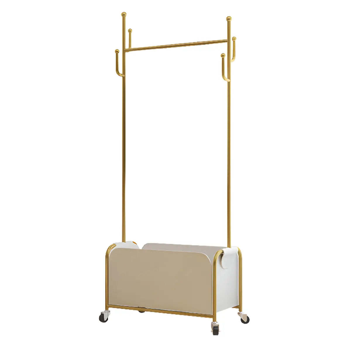 White Metal Freestanding Coat Rack with Basket — Brown/ Silver