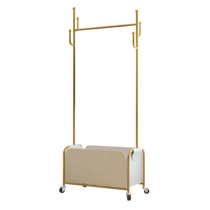 White Metal Freestanding Coat Rack with Basket — Brown/ Silver