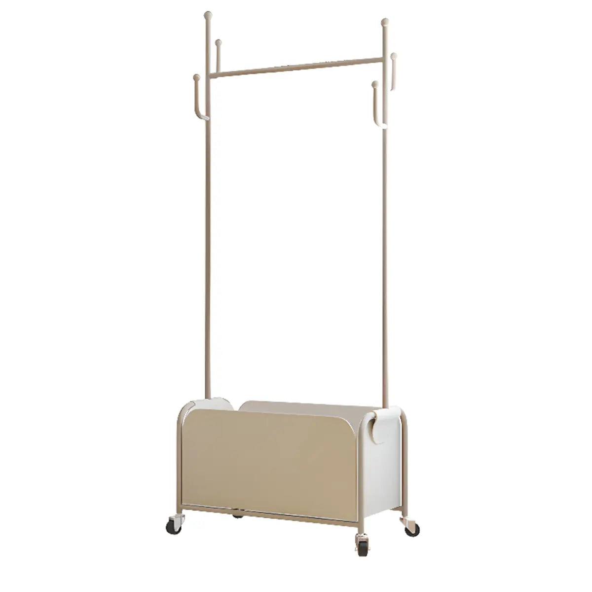 White Metal Freestanding Coat Rack with Basket — White/ Beige
