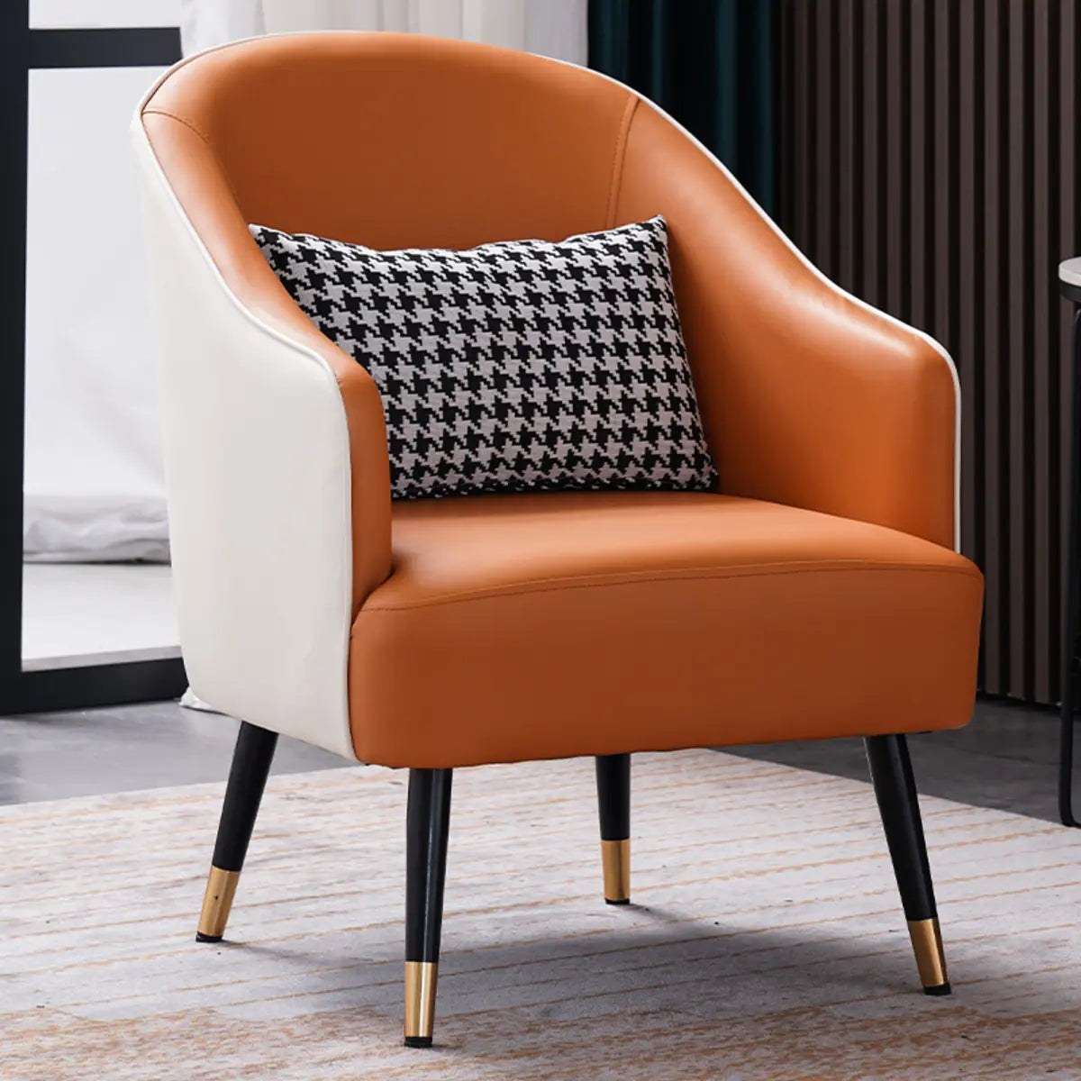 Microfiber Leather Sloped Arm Four Leg Chair — Brown/ Beige / Linen