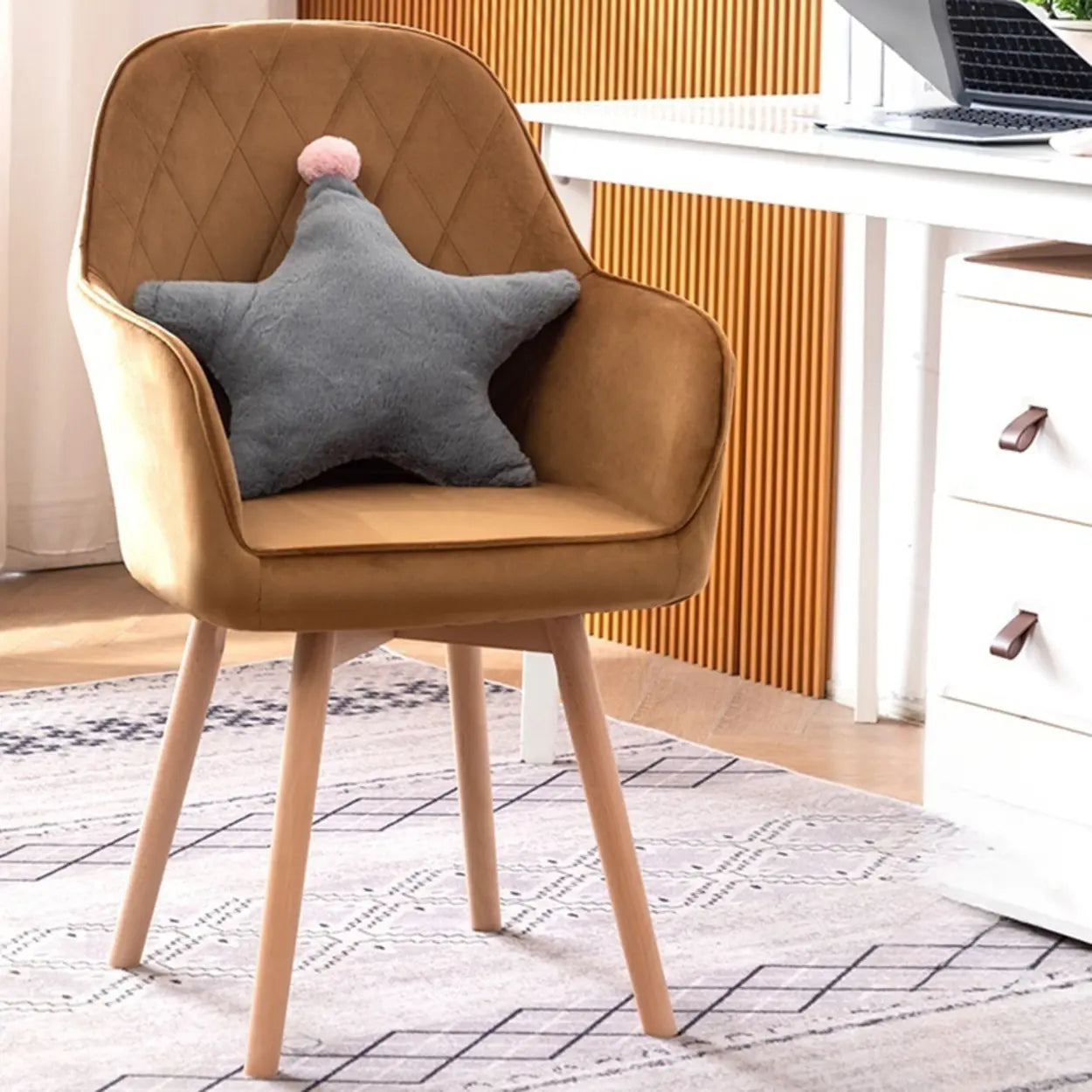 Mid-Back Upholstered Ergonomic Wood Frame Office Chair — Beige/ Gray / Tech Cloth