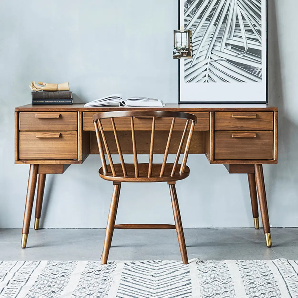Mid-Century Brown Wood Dual-Drawer Writing Desk — Table Only