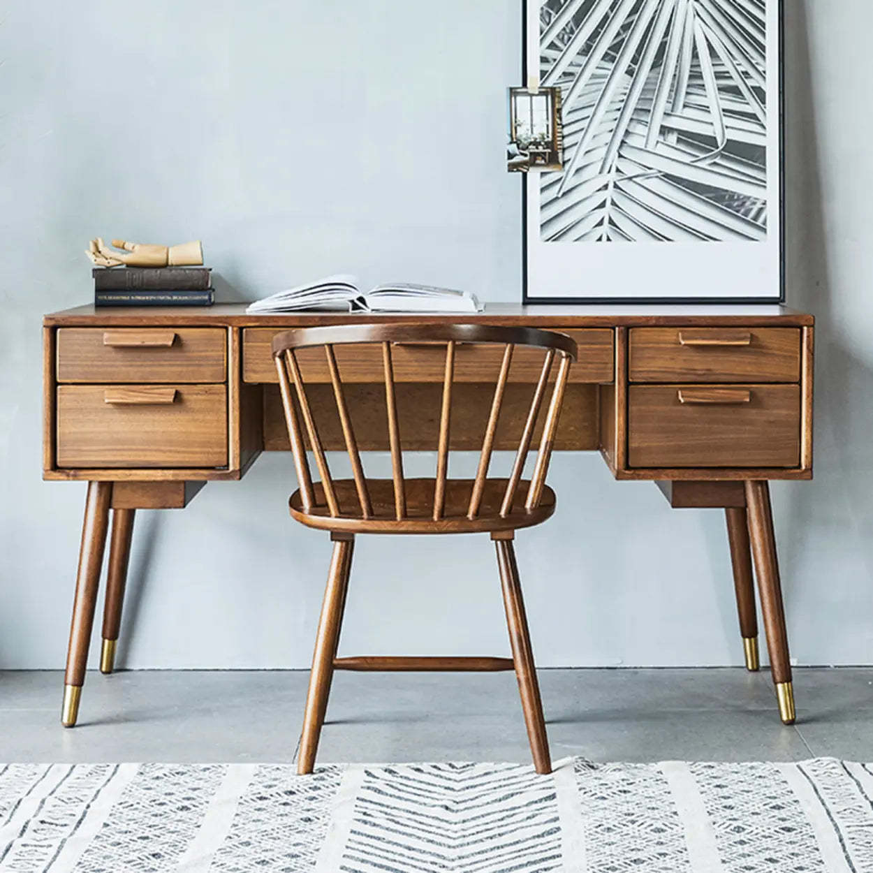 Mid-Century Brown Wood Dual-Drawer Writing Desk — Table Only