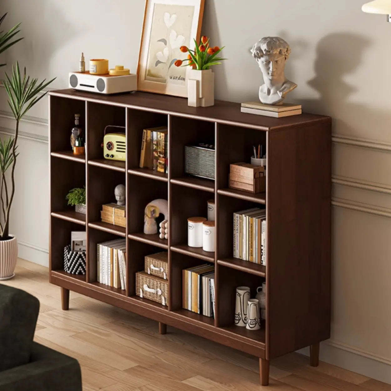 Mid-Century Modular Cube Wood Bookcase — Natural Finish