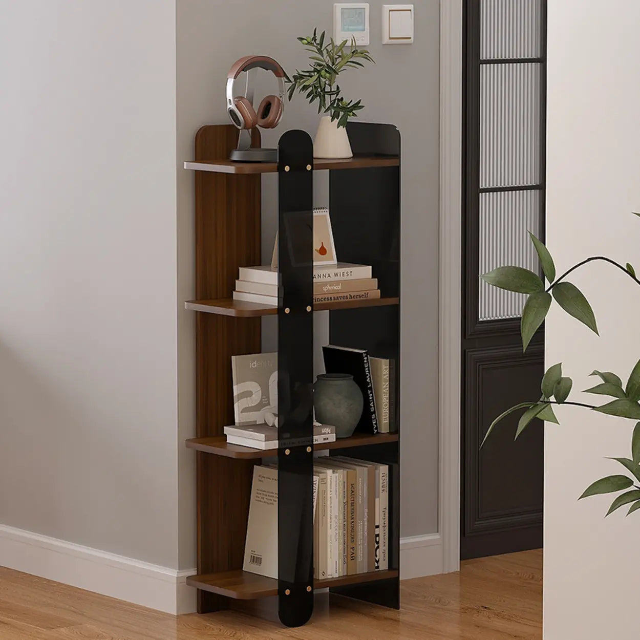 Mid-Century 4-Tier Wood Corner Bookshelf