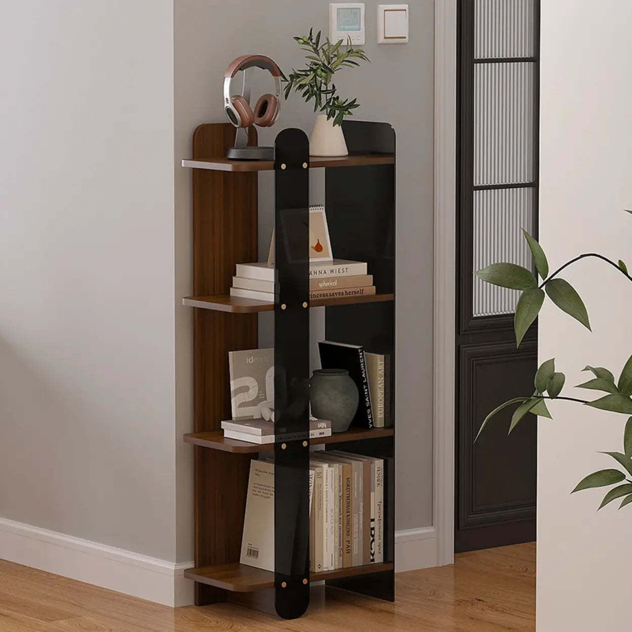 Mid-Century 4-Tier Wood Corner Bookshelf — Black