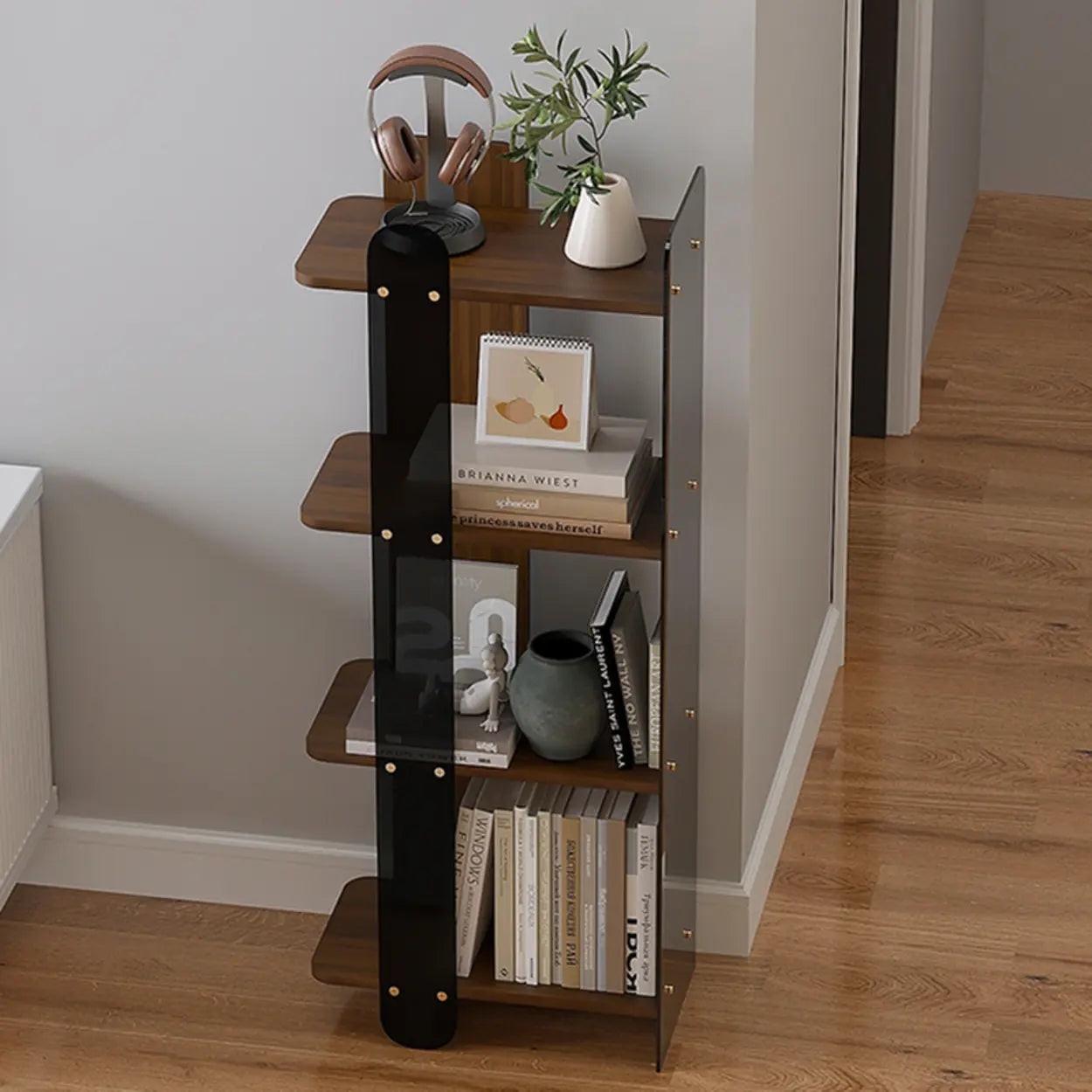 Mid-Century 4-Tier Wood Corner Bookshelf — Nut/Brown