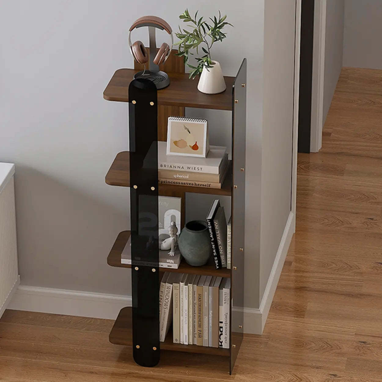 Mid-Century 4-Tier Wood Corner Bookshelf — Nut/Brown