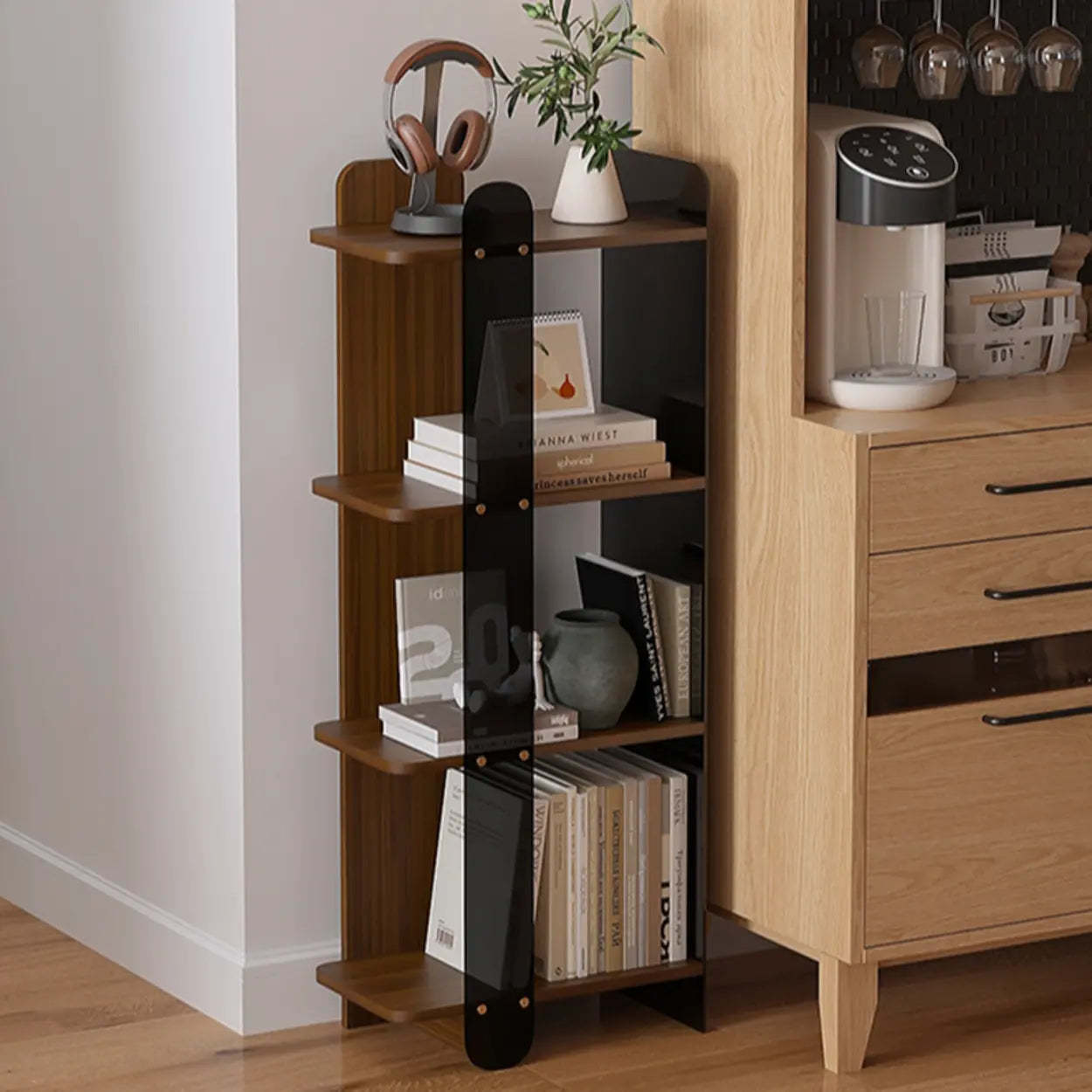 Mid-Century 4-Tier Wood Corner Bookshelf