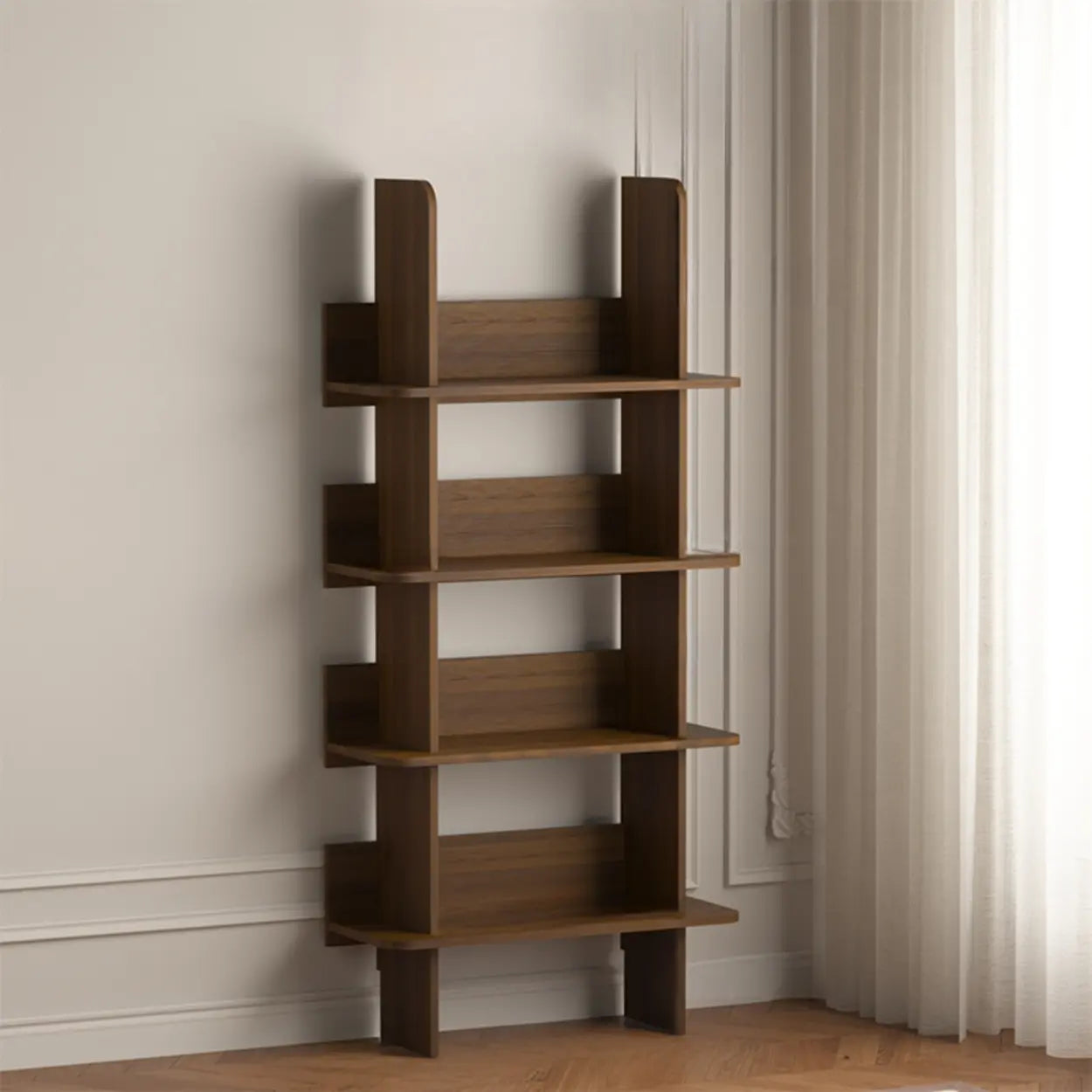 Mid-Century 4-Tier Wood Corner Bookshelf