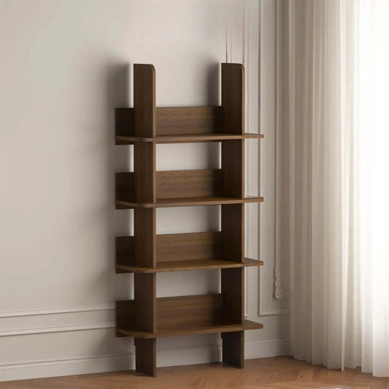 Mid-Century 4-Tier Wood Corner Bookshelf