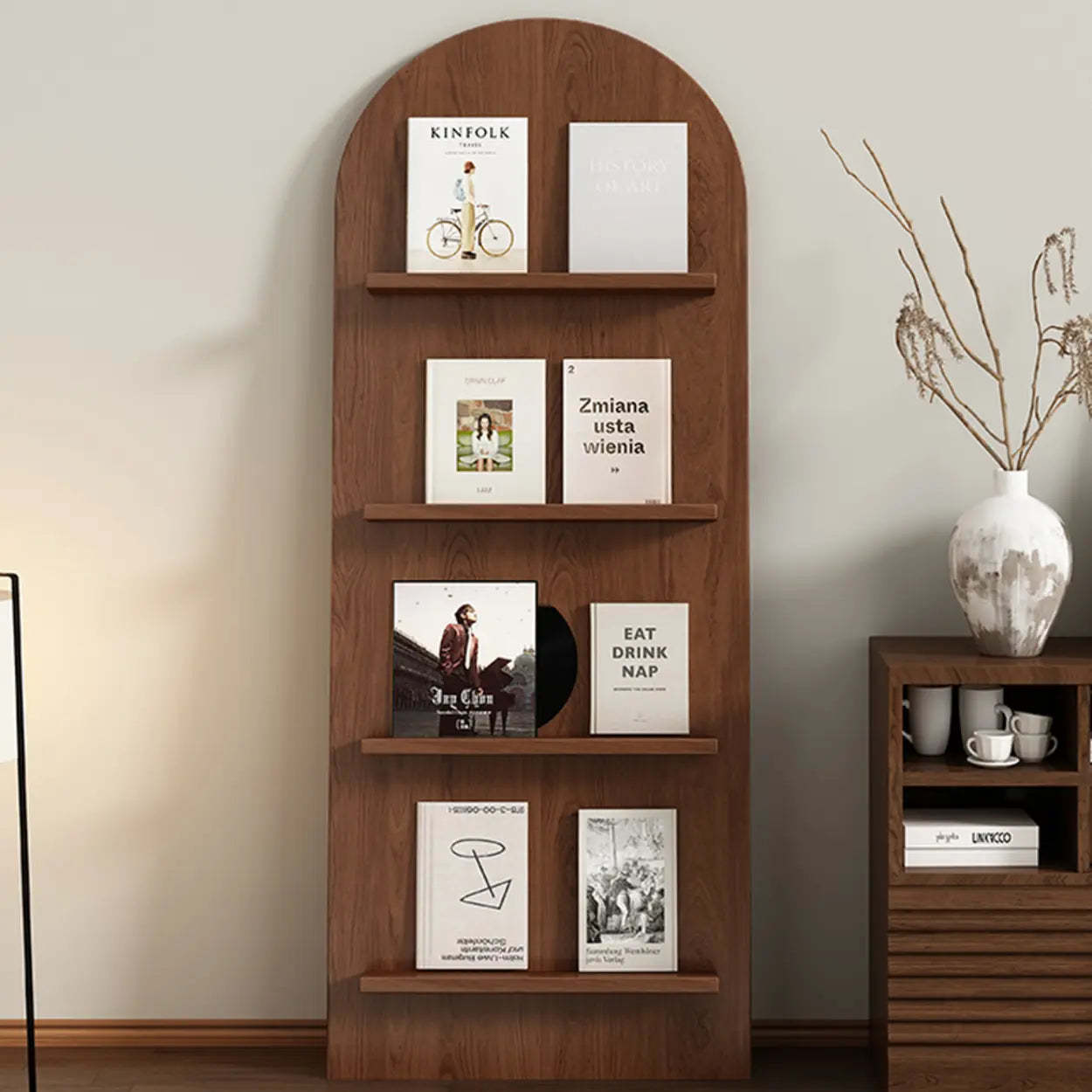 Mid-Century Arched Wood Bookshelf Display Rack
