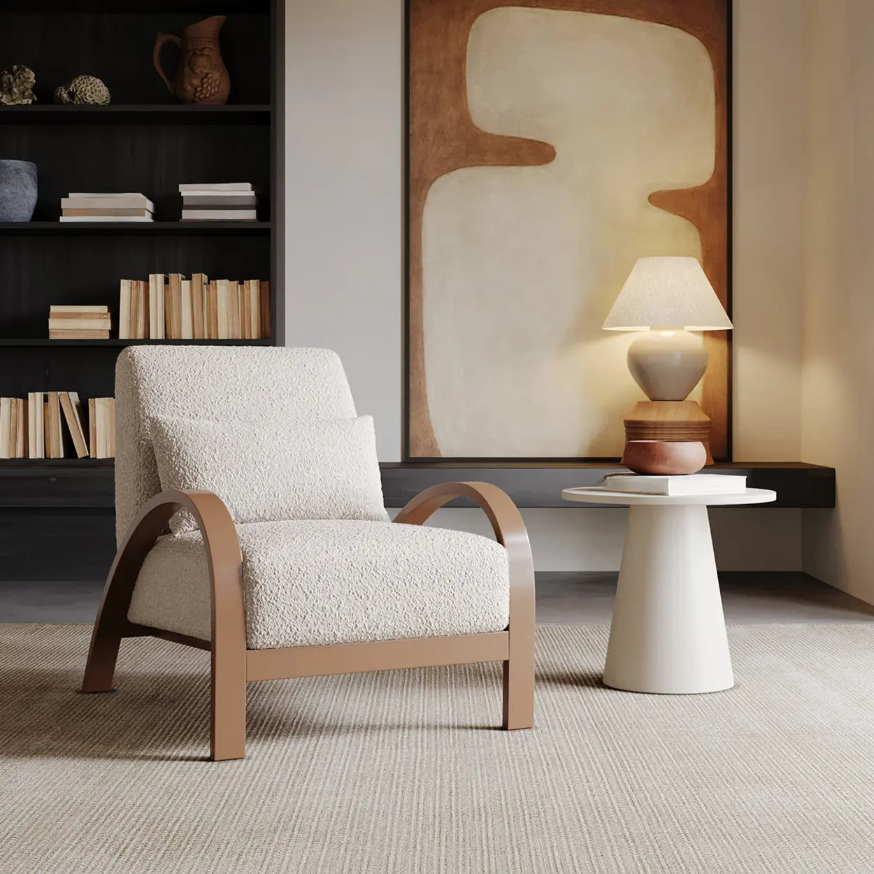 Mid-Century Beige Armrest Accent Chair with Pillow — Sherpa / Beige